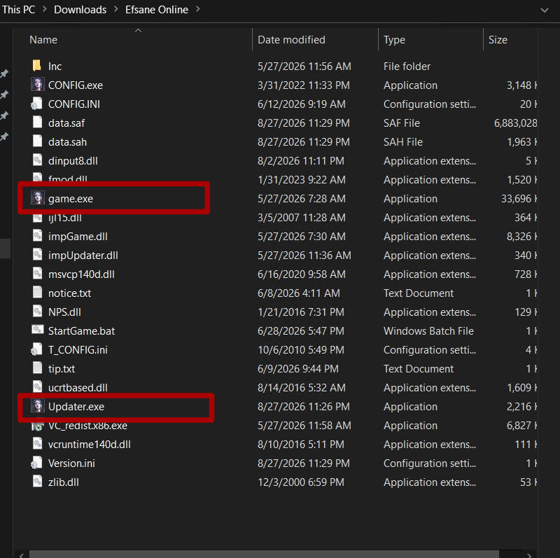 Efsane Online oyun klasöründe updater.exe ve game.exe