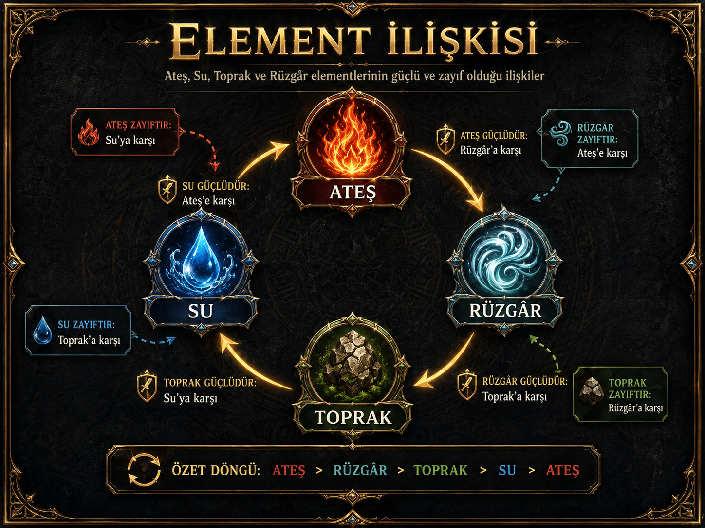 Efsane Online element güçlü ve zayıf ilişkileri